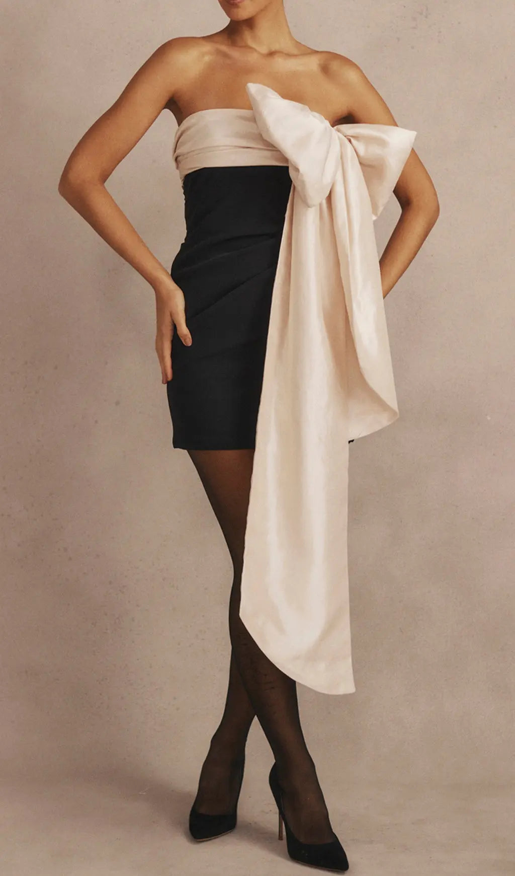 Glamorous Black & Ivory Strapless Mini Dress with Dramatic Bow Detail
