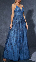 Stunning Dionne Navy Floral Embroidered V-Neck Maxi Gown