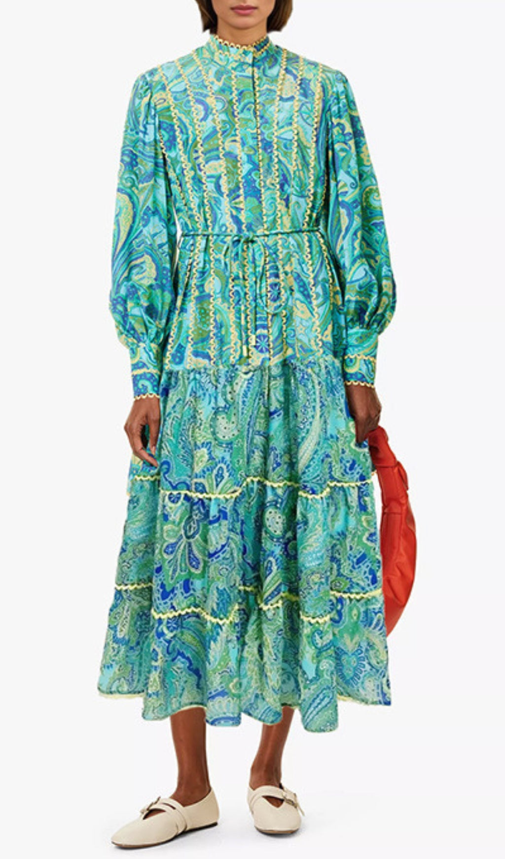 Vibrant Paisley Tiered Midi Dress with Long Sleeves