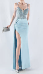 Chofa Sky Blue Beaded Corset Gown