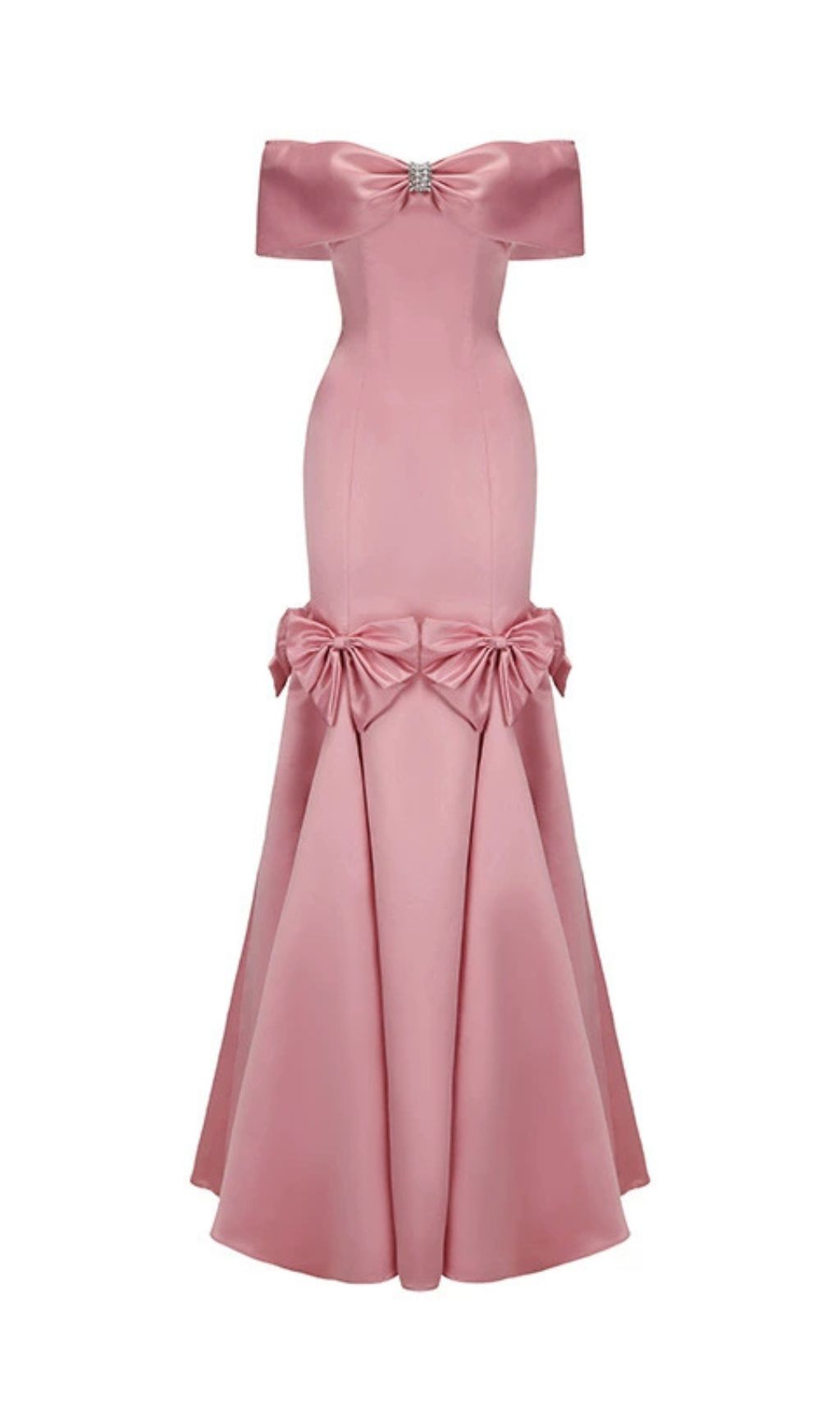 Faina Pink Off-Shoulder Satin Maxi Gown with Dazzling Bow Accents