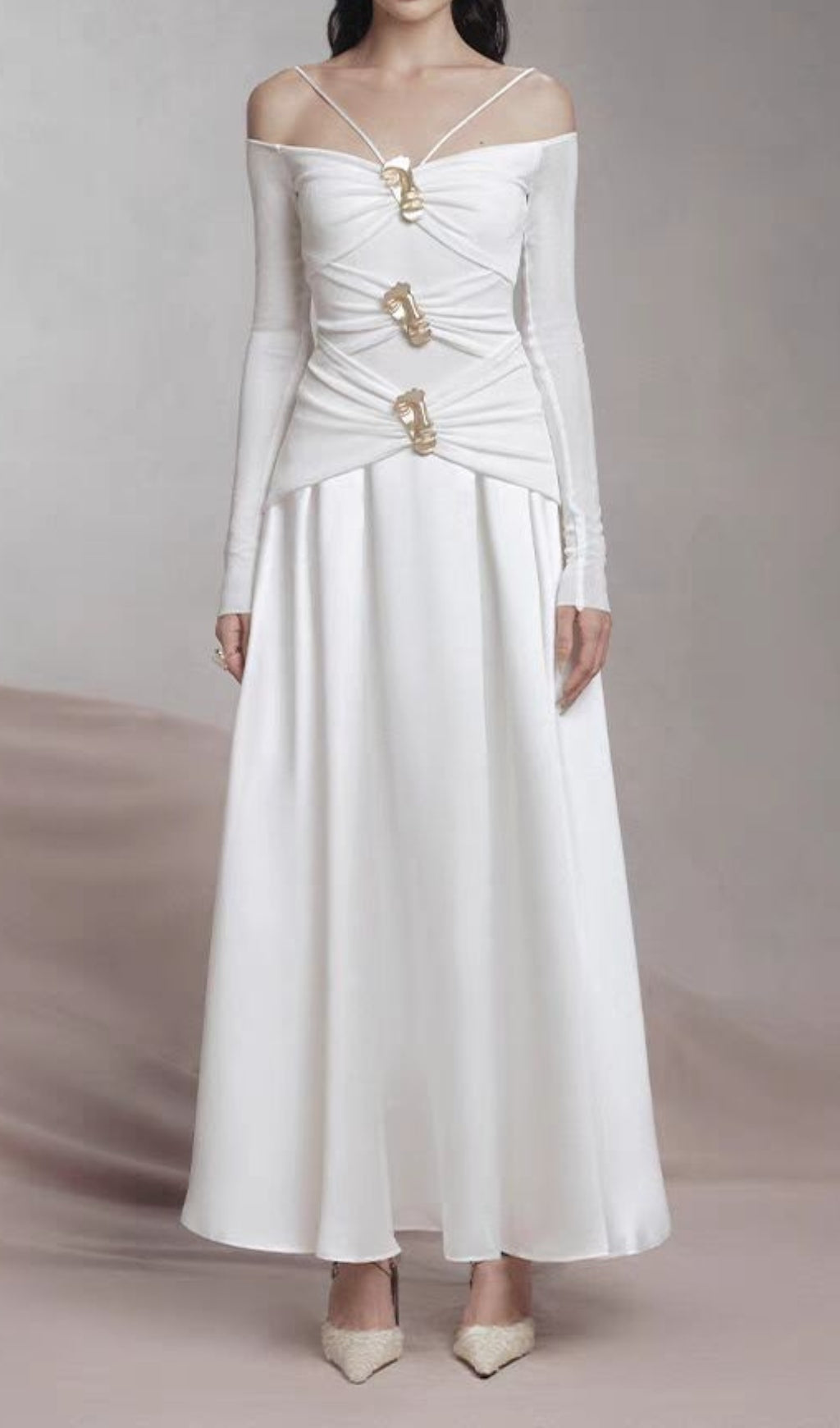 Cailin Gold-Embellished Off-Shoulder Ruched Maxi Dress