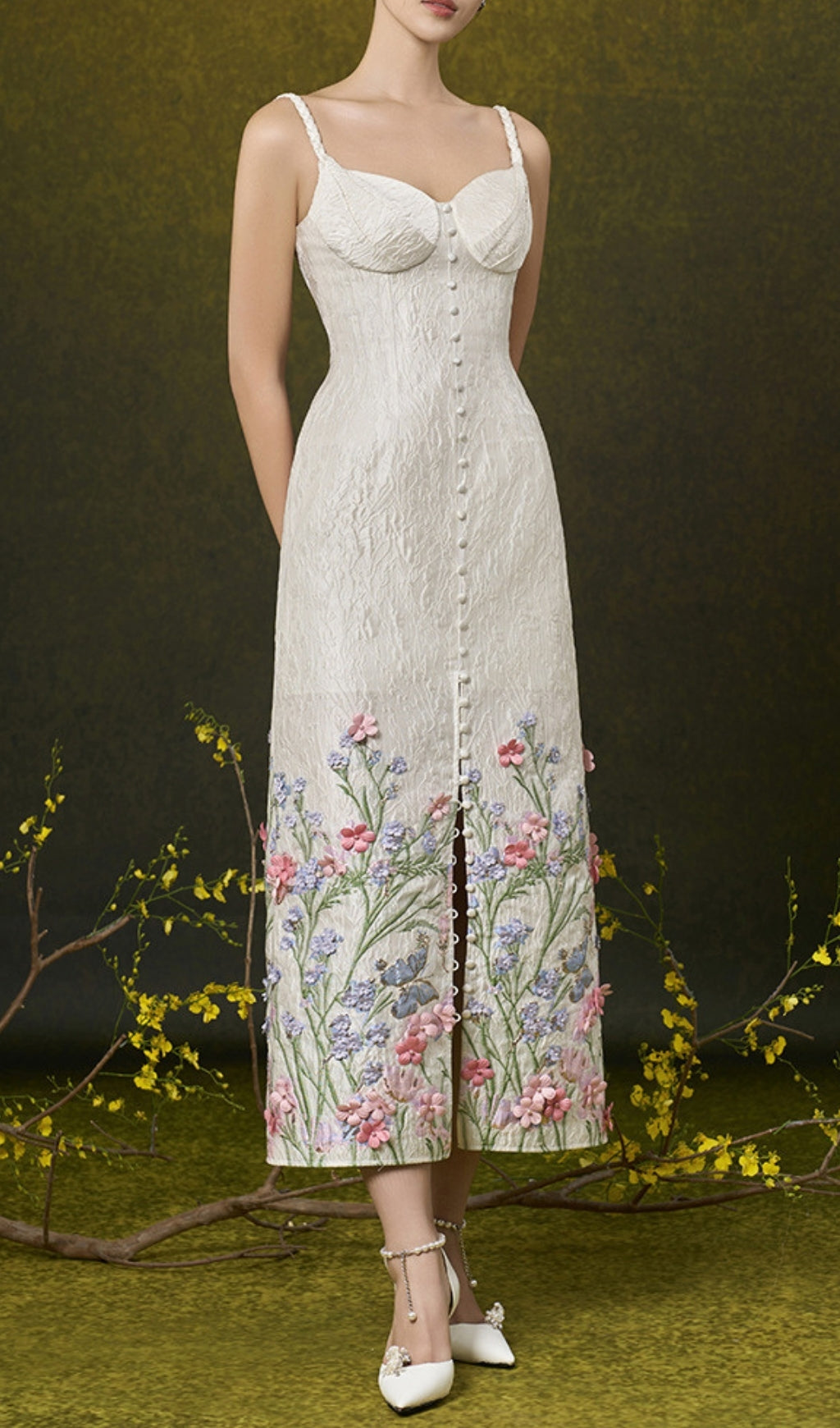 Enise Enchanting 3D Floral Bustier Midi Dress