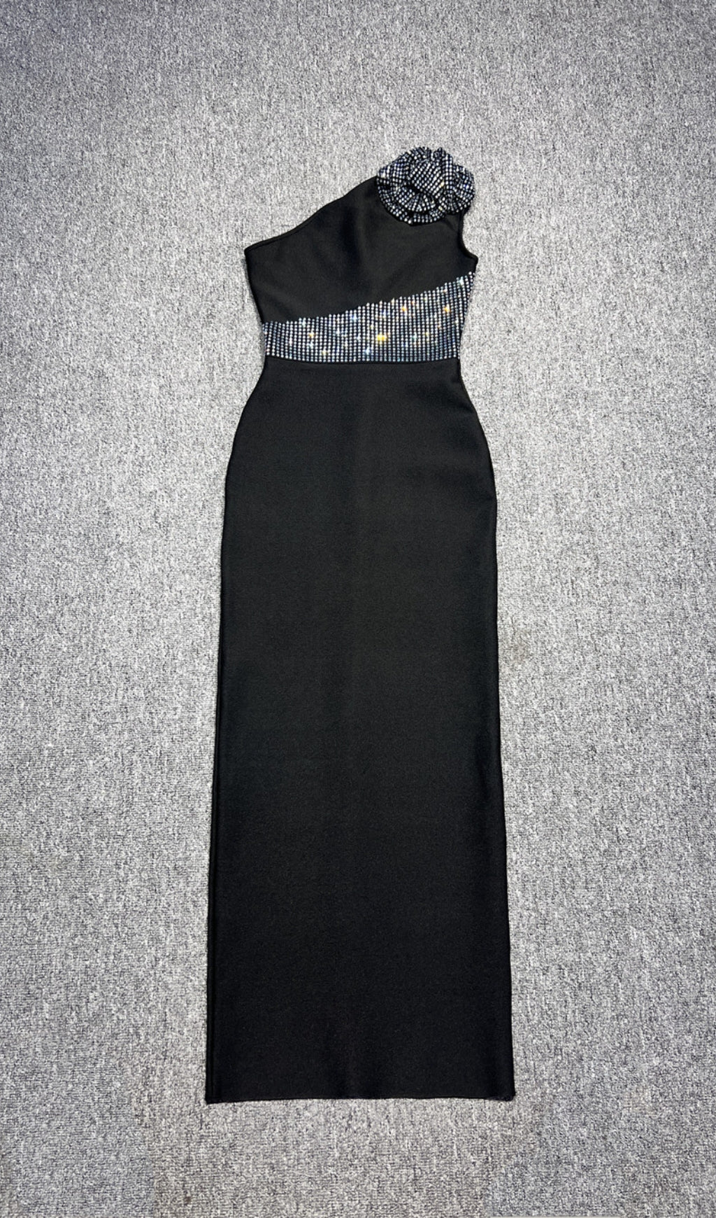Candida Black One-Shoulder Crystal Flower & Rhinestone Waist Maxi Dress