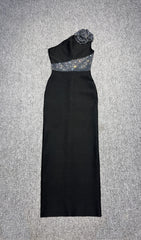 Candida Black One-Shoulder Crystal Flower & Rhinestone Waist Maxi Dress