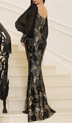Brienna Black & Gold Sequin Puff Sleeve Maxi Dress