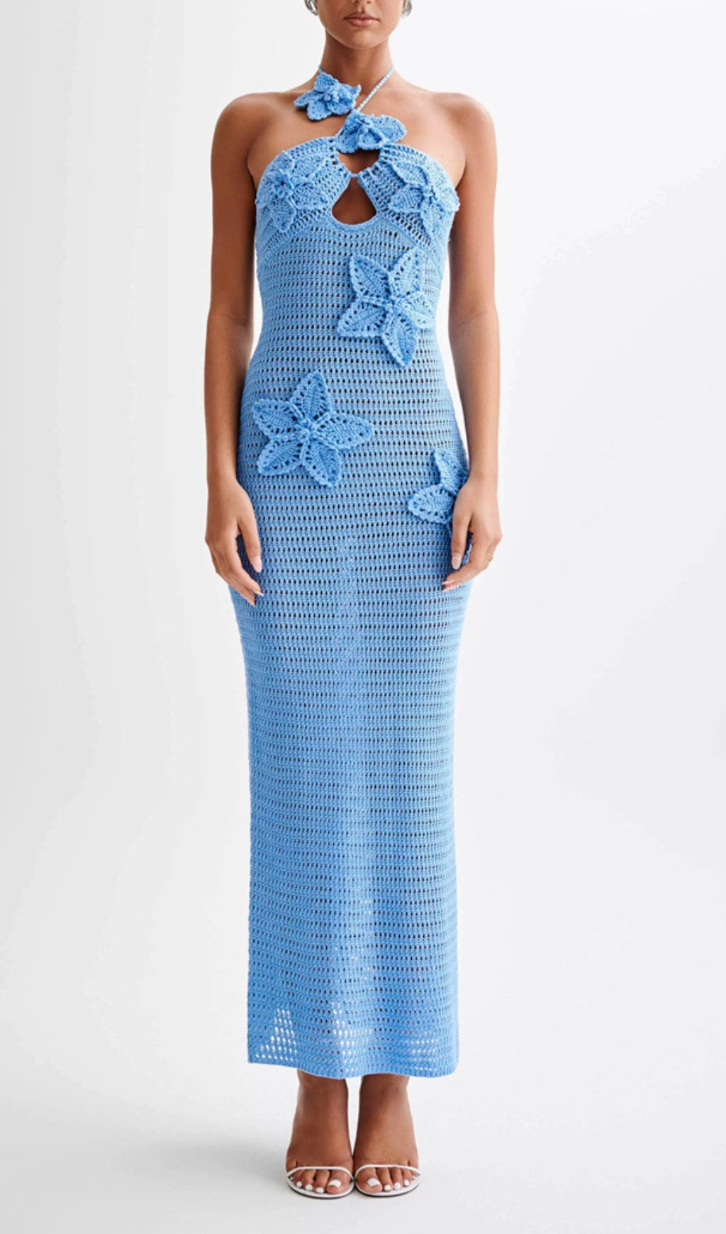 Azure Bloom Halter Crochet Maxi Dress with 3D Flowers