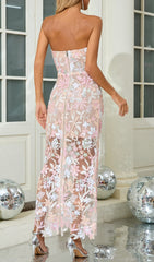 Chachi Pink Strapless Sequin Floral Embroidered Maxi Gown