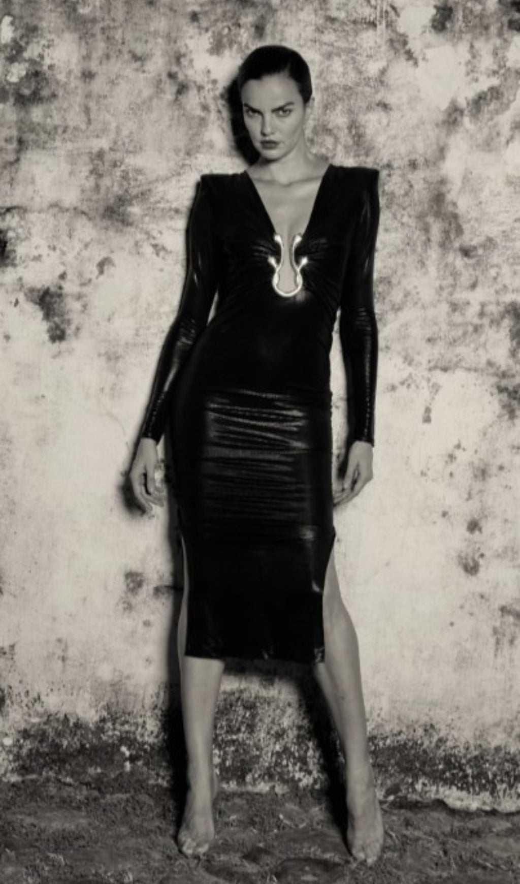 Caitlin Glamorous Leather V-Neck Midi Dress
