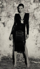 Caitlin Glamorous Leather V-Neck Midi Dress