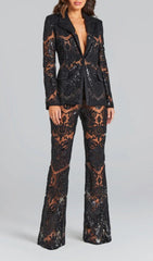 Glamorous Black Sequin Lace Blazer & Flared Pant Suit Set