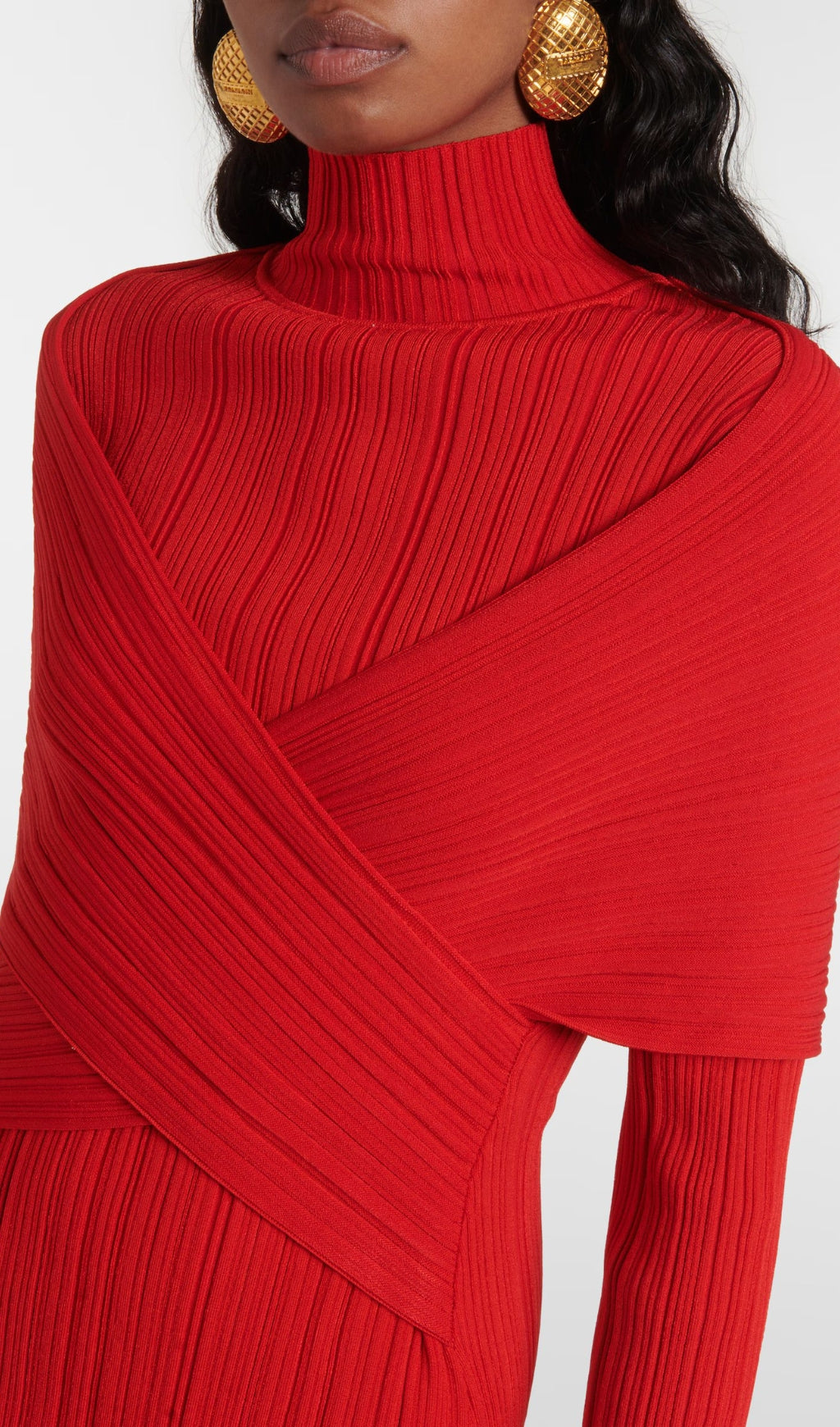 Carwen Red Ribbed Knit Cross-Over Maxi Dress