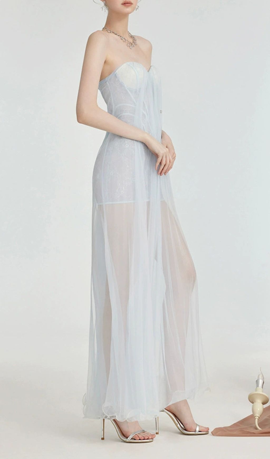 Fintan Ethereal Blue Strapless Mesh & Lace Maxi Dress