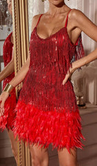Csilla Dazzling Red Sequin Tassel Feather Mini Dress