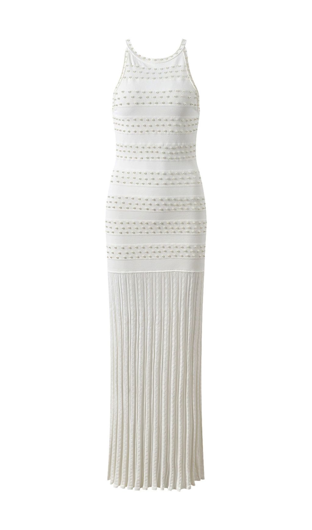 Elegant White Faux Pearl Beaded Midi Dress
