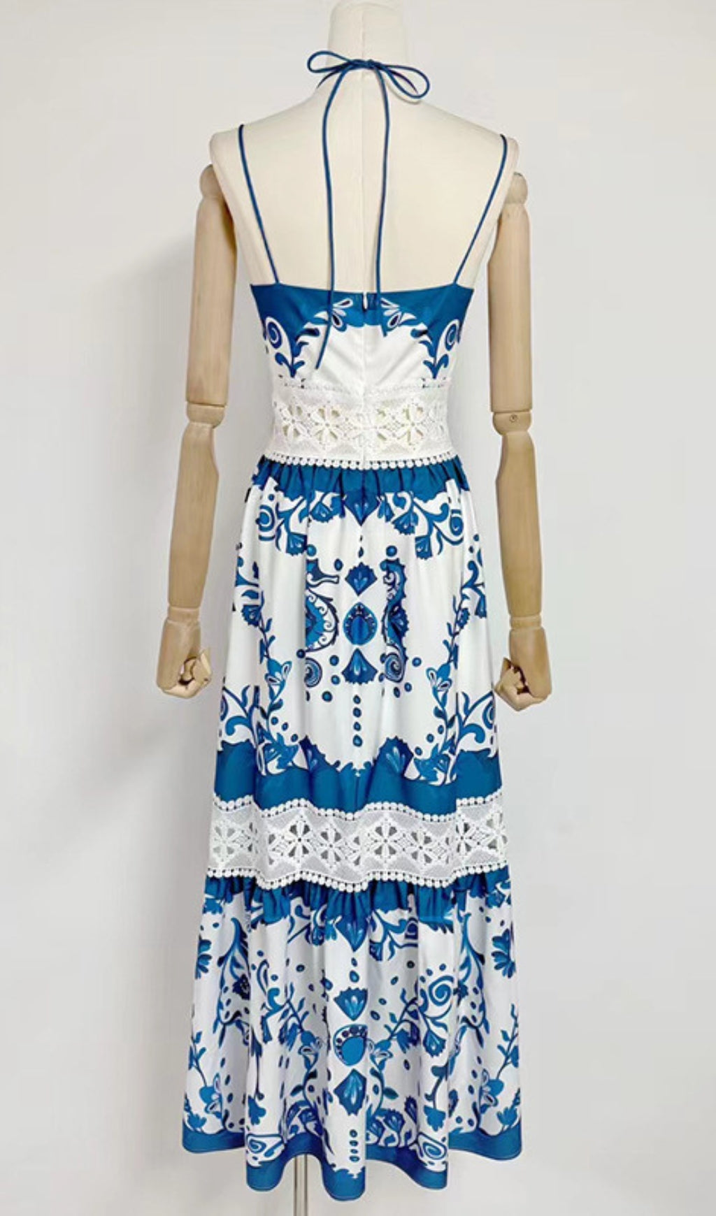 Estela Boho V-Neck Printed Maxi Dress with Lace Trim