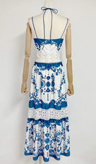Estela Boho V-Neck Printed Maxi Dress with Lace Trim