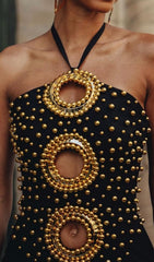 Showstopper Black Halter Embellished Maxi Dress with Daring Cut-Outs