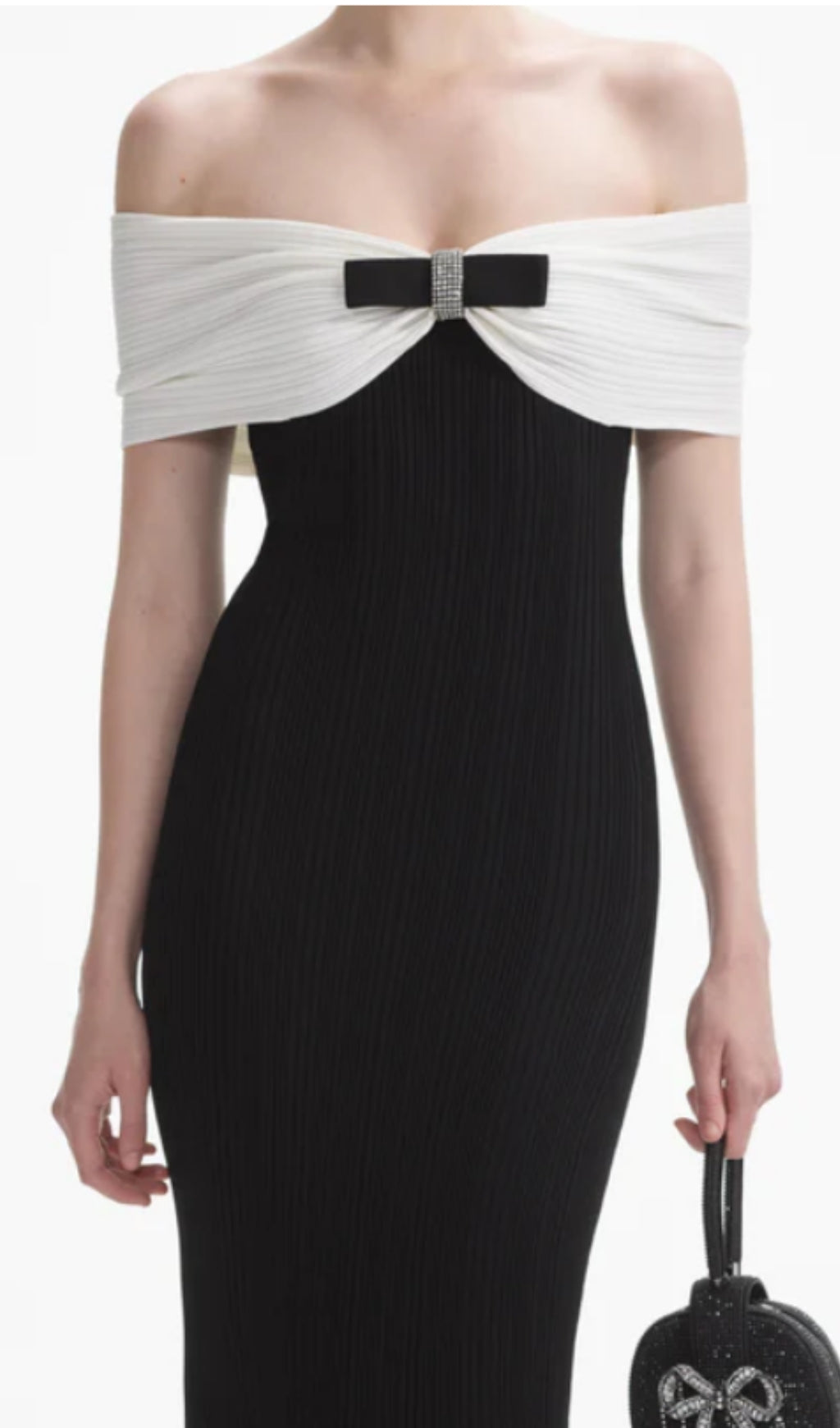 Brial Elegant Black Off-Shoulder Ribbed Fluted Midi Dress with Rhinestone Bow