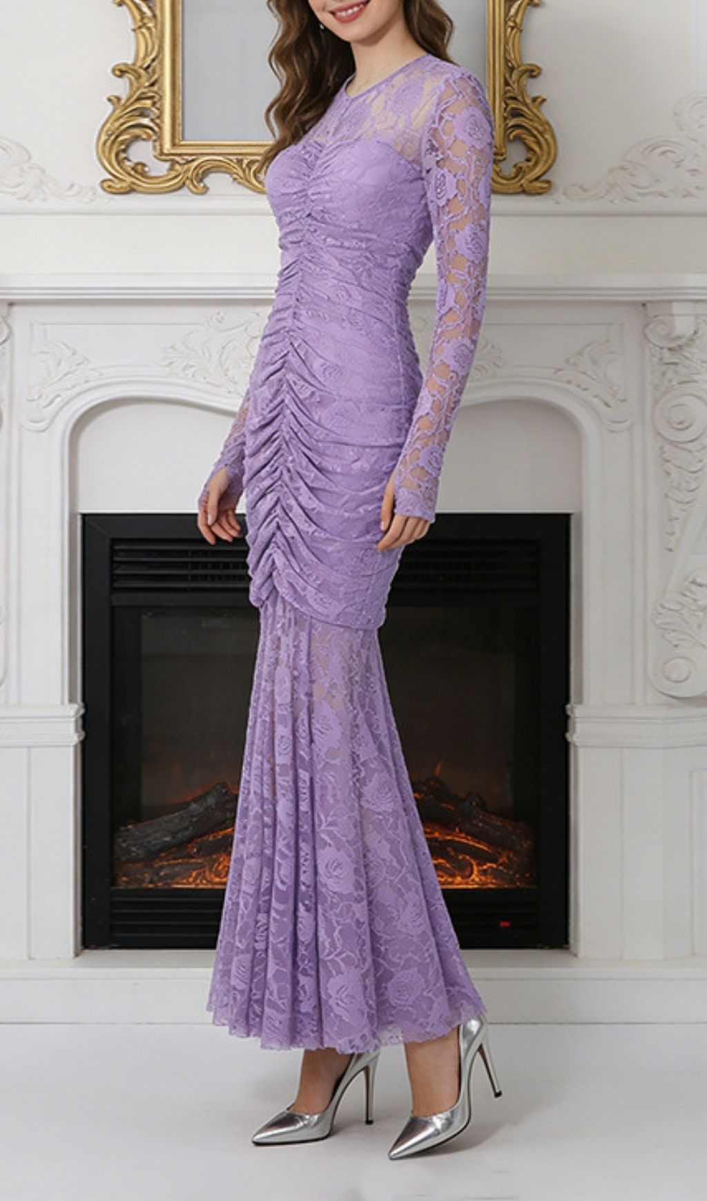 Kacey Elegant Purple Floral Lace Long Sleeve Maxi Dress