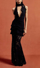 Hillel Allure Black Halter Lace Maxi Dress