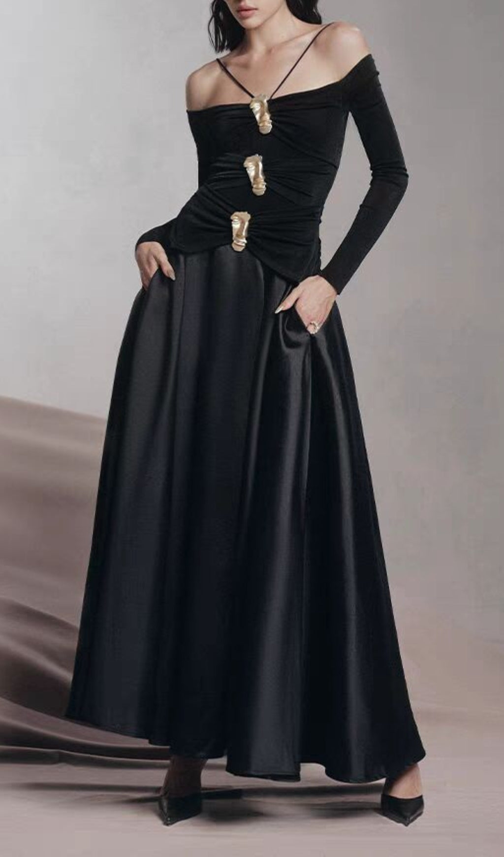Cailin Gold-Embellished Off-Shoulder Ruched Maxi Dress