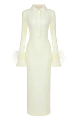Chic Yellow Feather Cuff Maxi Dress