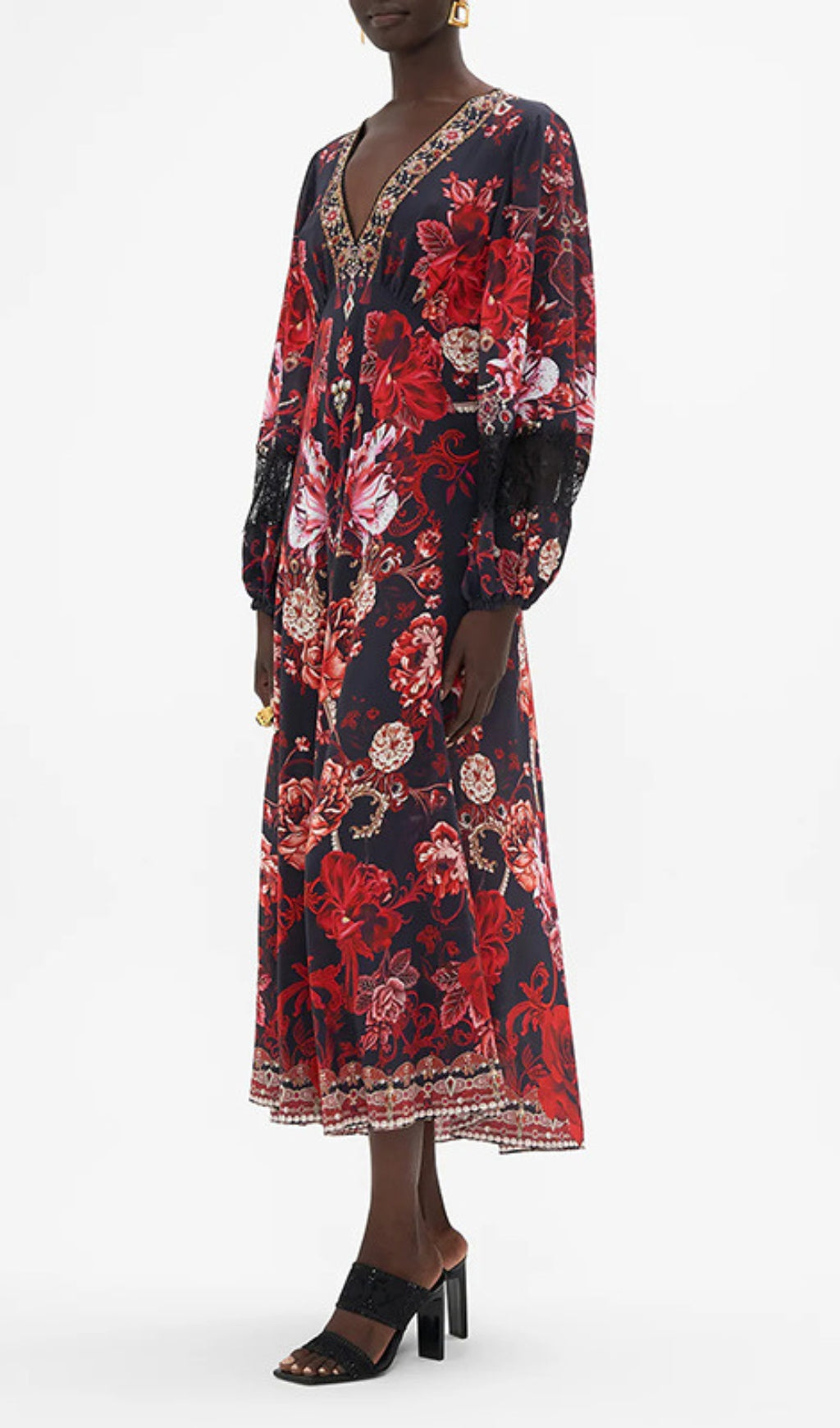 Davood Bohemian Red Floral V-Neck Midi Dress with Lace Cuffs