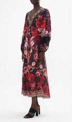 Davood Bohemian Red Floral V-Neck Midi Dress with Lace Cuffs