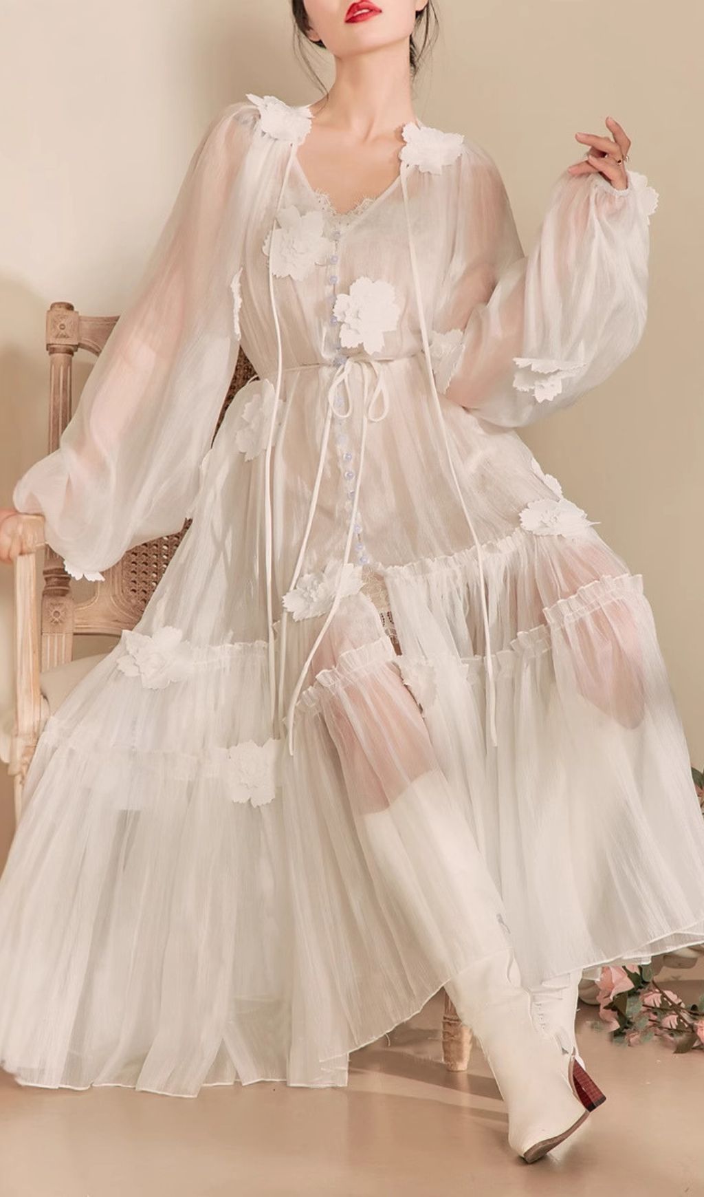Fayre Ethereal White 3D Floral Midi Dress