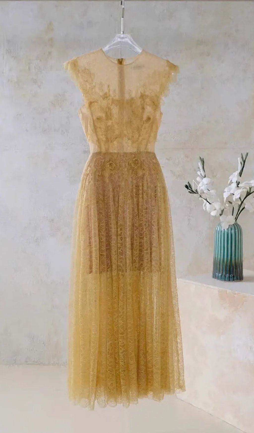 Hisaye Enchanting Lace & Mesh Pleated Midi Dress