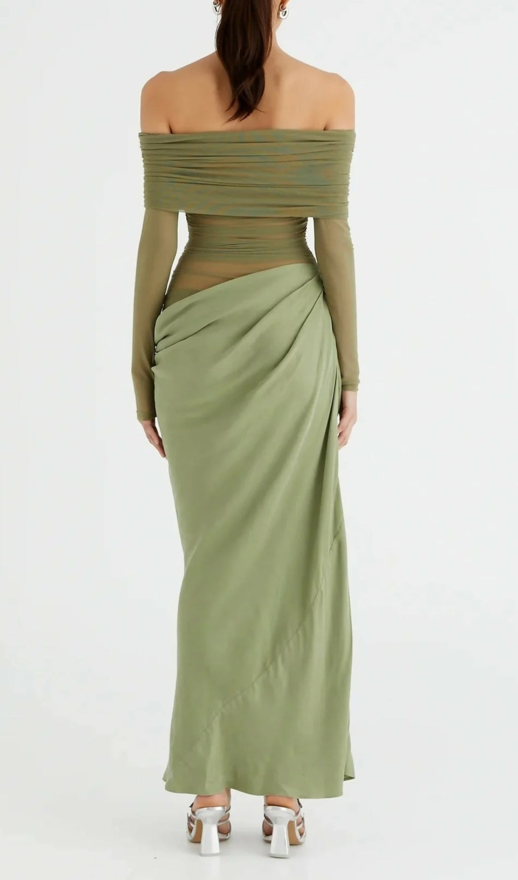 Dawood Green Draped Off-Shoulder Mesh Maxi Dress