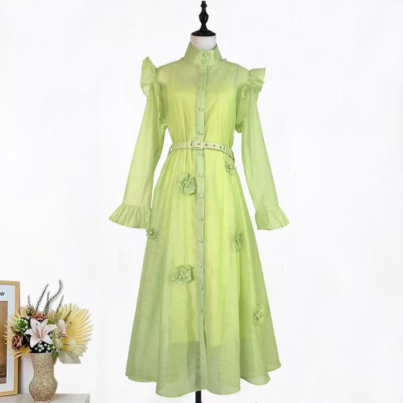 Elula Enchanting Lime Green 3D Floral Ruffled Midi Dress