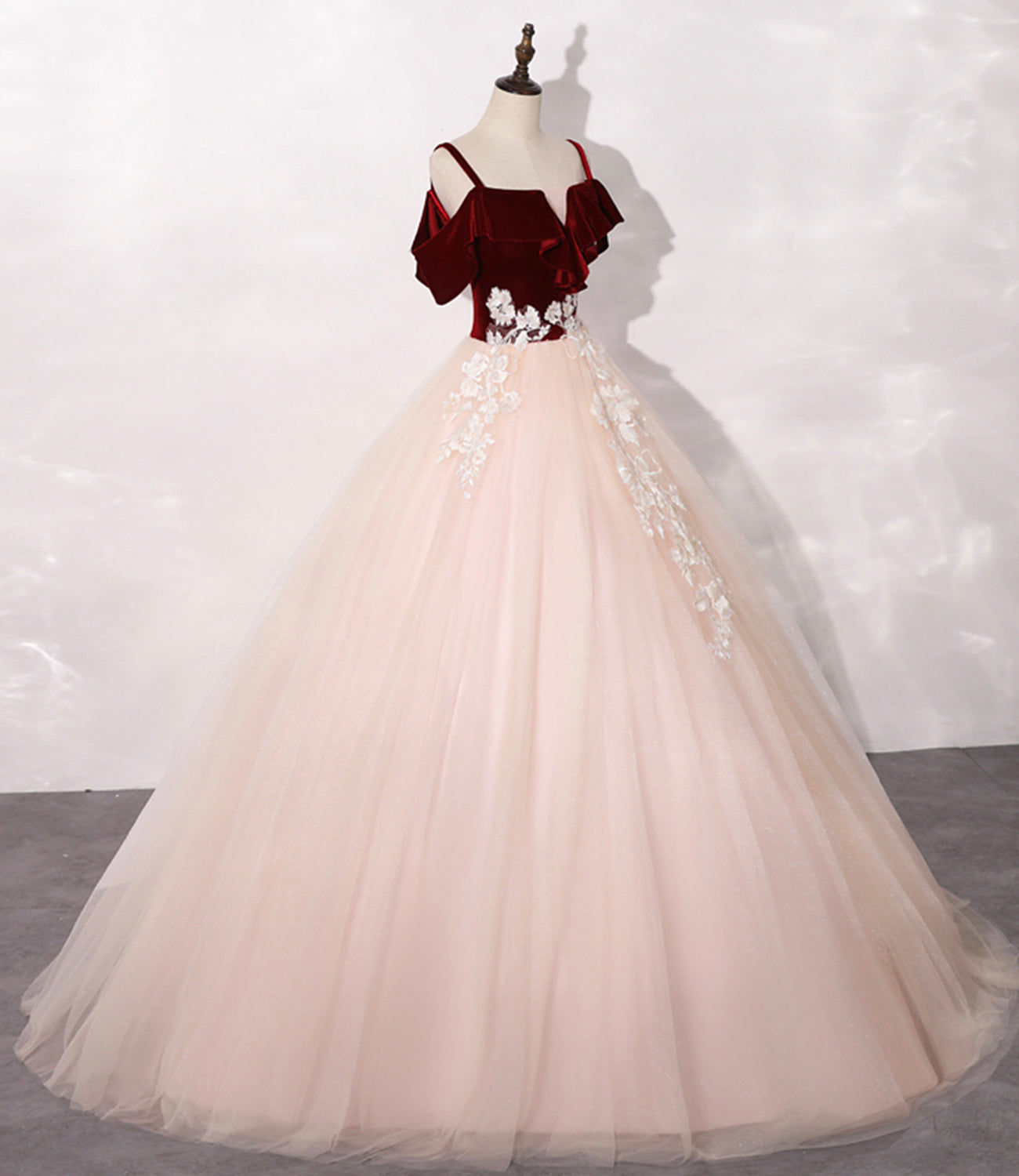 Pink Tulle with Velvet Top Long Party Dress Prom Dres