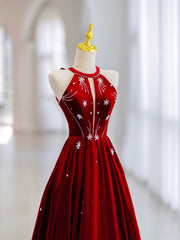 Vestido de fiesta de terciopelo rojo con cuentas, corte A, largo hasta el suelo y cuello halter 