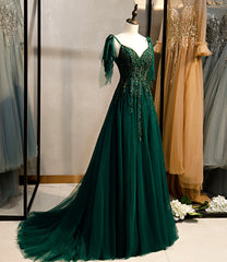 Vestidos formales de corte A con tirantes de tul y cuentas verde oscuro 