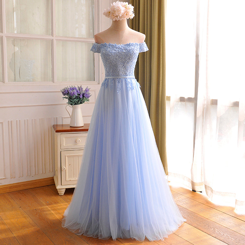 Elegant Light Blue Lace Applique Top Long Party Dress
