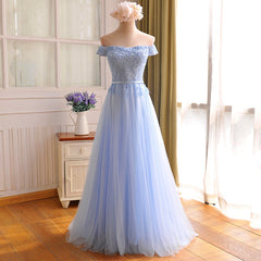 Elegant Light Blue Lace Applique Top Long Party Dress