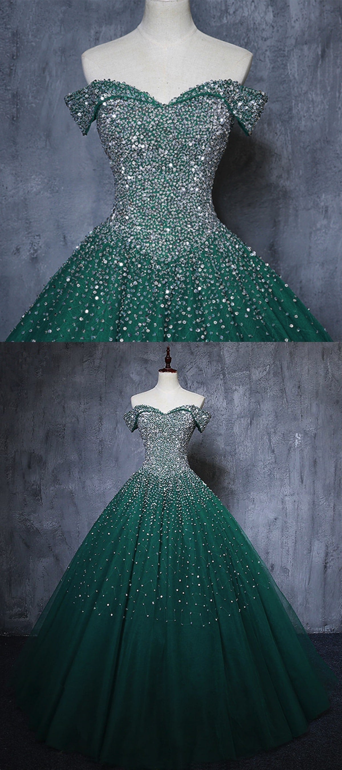 Vestido de fiesta verde oscuro de tul con escote en forma de corazón y brillo 
