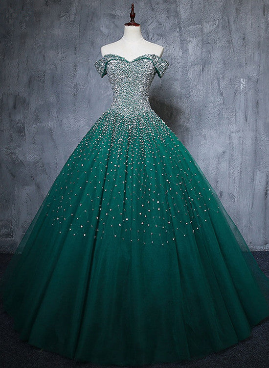 Vestido de fiesta verde oscuro de tul con escote en forma de corazón y brillo 