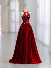 Vestido de fiesta de terciopelo rojo con cuentas, corte A, largo hasta el suelo y cuello halter 