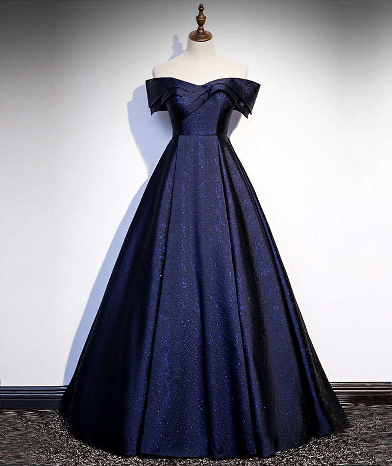 Navy Blue Satin Off Shoulder Long Prom Dress