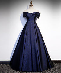 Navy Blue Satin Off Shoulder Long Prom Dress