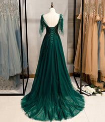Vestidos formales de corte A con tirantes de tul y cuentas verde oscuro 