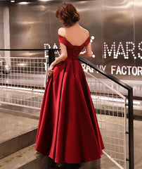 Dark Red Off Shoulder Satin Long Prom Dress