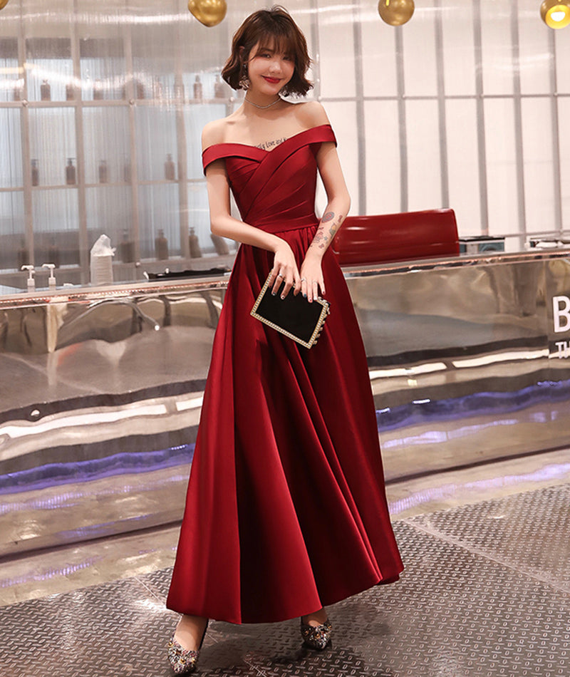 Dark Red Off Shoulder Satin Long Prom Dress