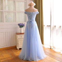 Elegant Light Blue Lace Applique Top Long Party Dress
