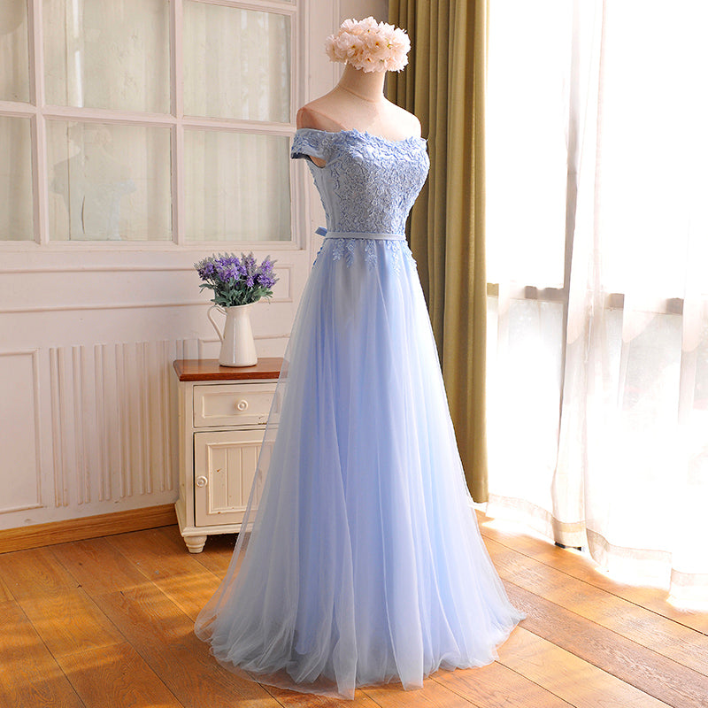 Elegant Light Blue Lace Applique Top Long Party Dress