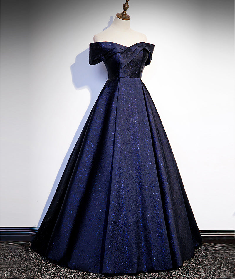 Navy Blue Satin Off Shoulder Long Prom Dress