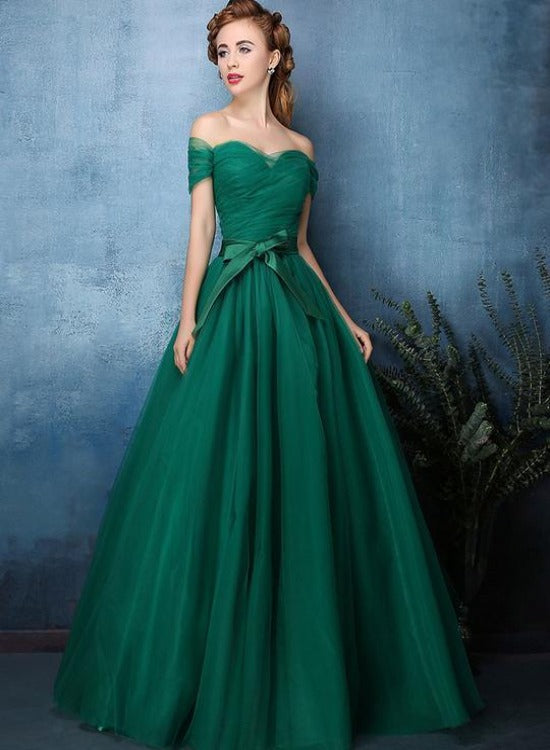 Dark Green Off Shoulder Sweetheart Tulle Prom Dress